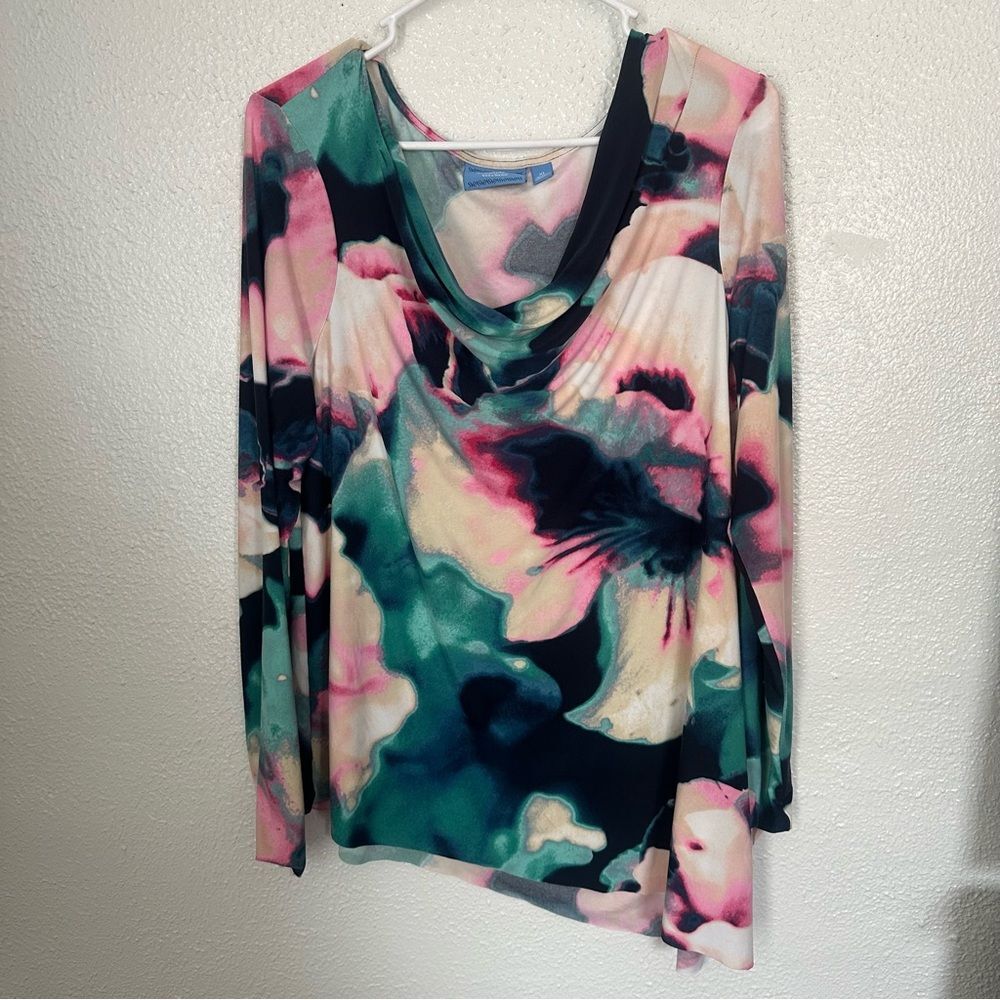 Simply Vera Wang Pink Blue White Tie Dye Cowl Neck Long Sleeve Stretch Blouse XL